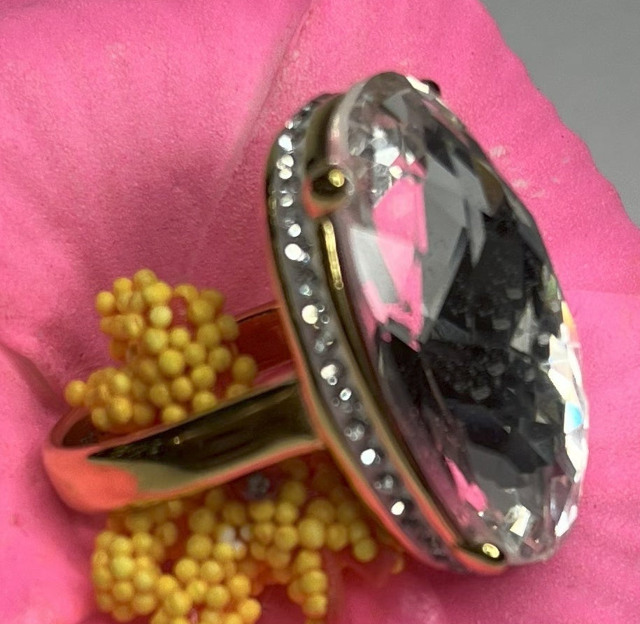 Anello con pietra trasparente ovale lucida e montatura argentata o dorata decorata, appoggiato fiore fucsia