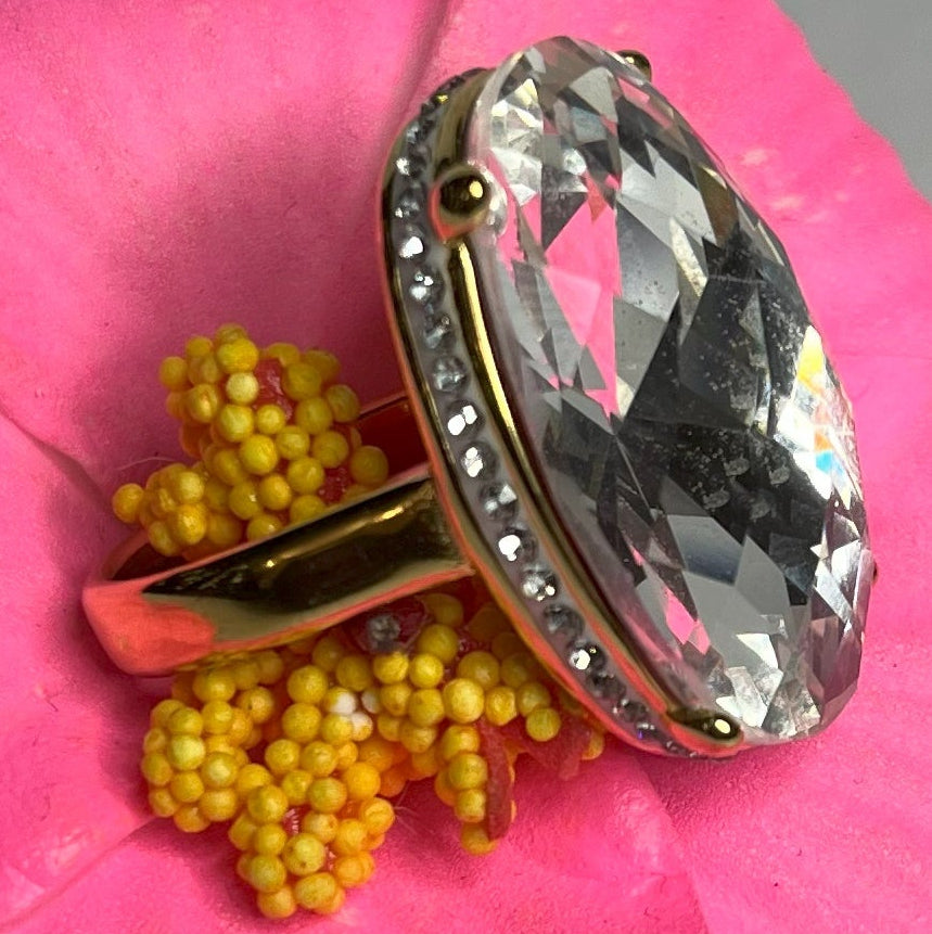 Anello con pietra trasparente ovale lucida e montatura argentata o dorata decorata, appoggiato fiore fucsia