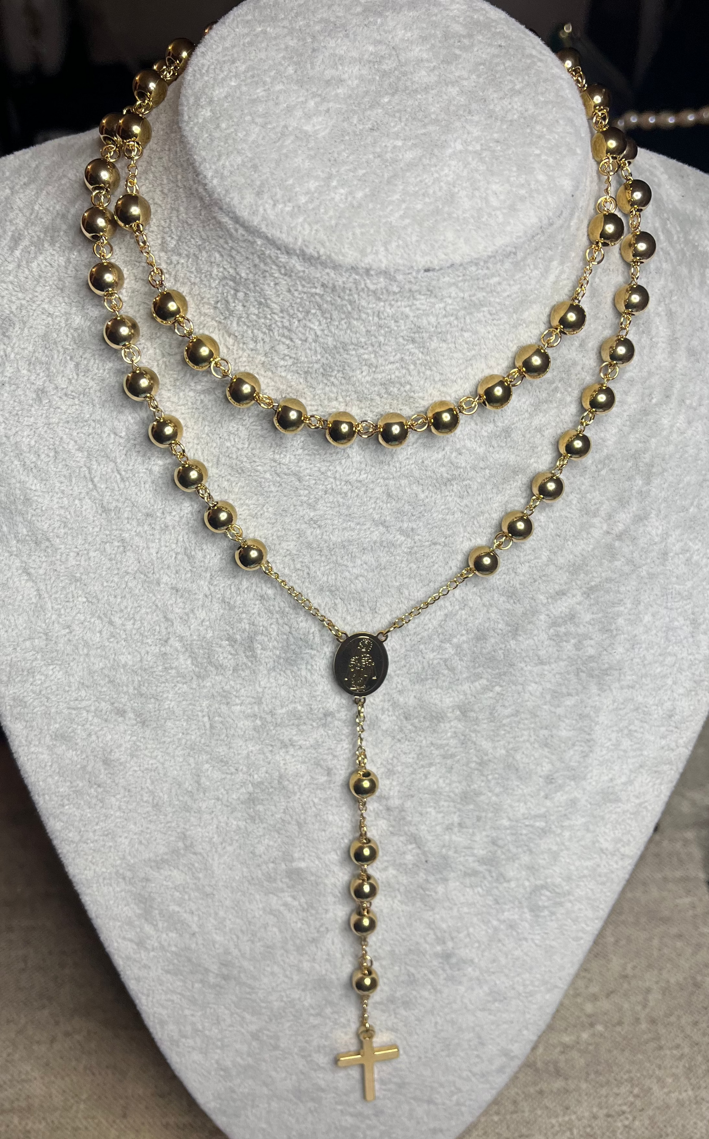 Collana Rosario Acciaio Inossidabile Perle Dorate Medaglia Sacra Croce Oro