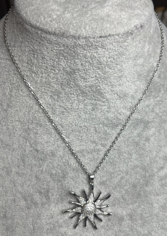 Collana Sole Splendente Acciaio Ottone Cristalli - Placcata Oro Argento
