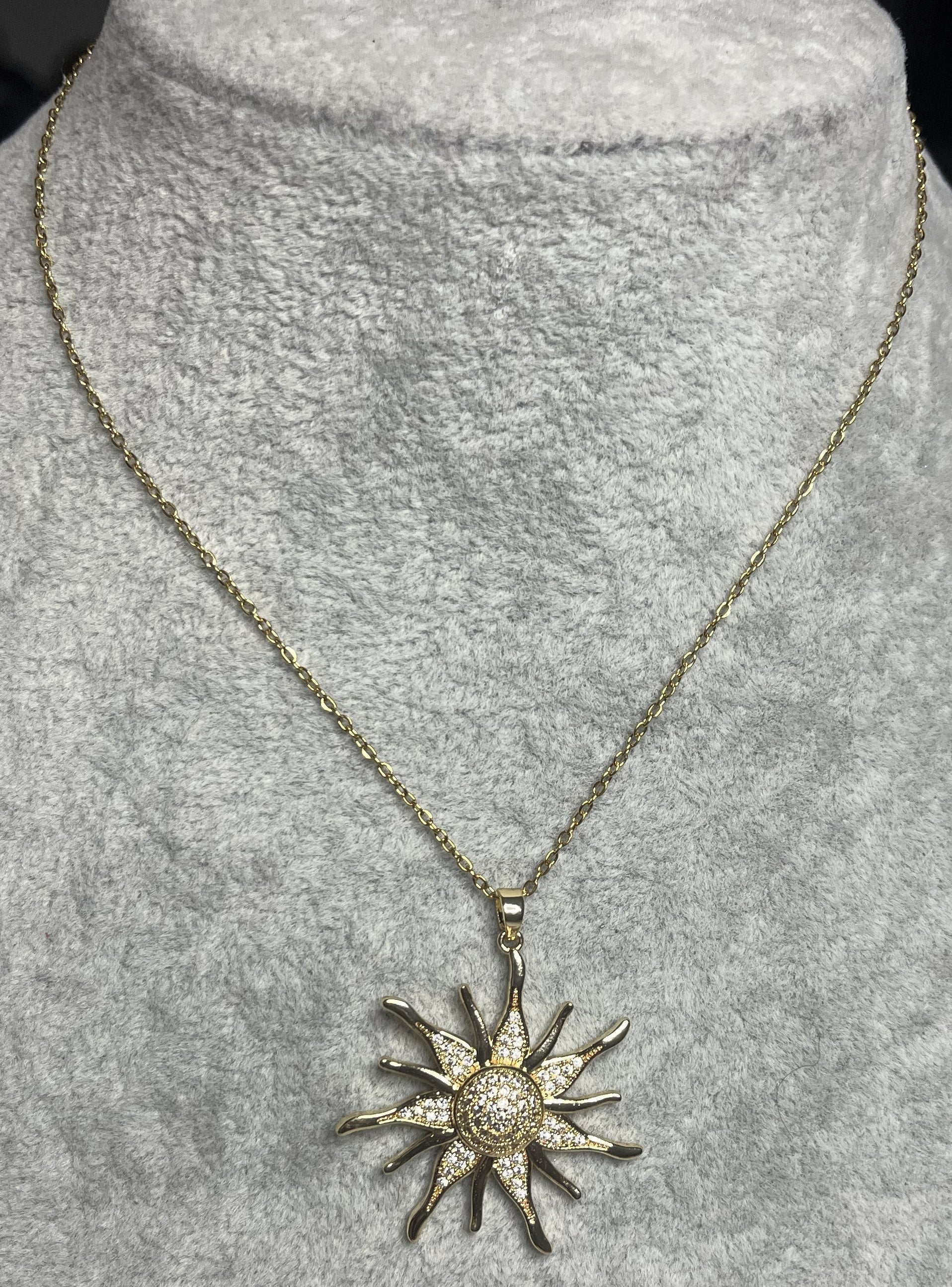 Collana Sole Splendente Acciaio Ottone Cristalli - Placcata Oro Argento