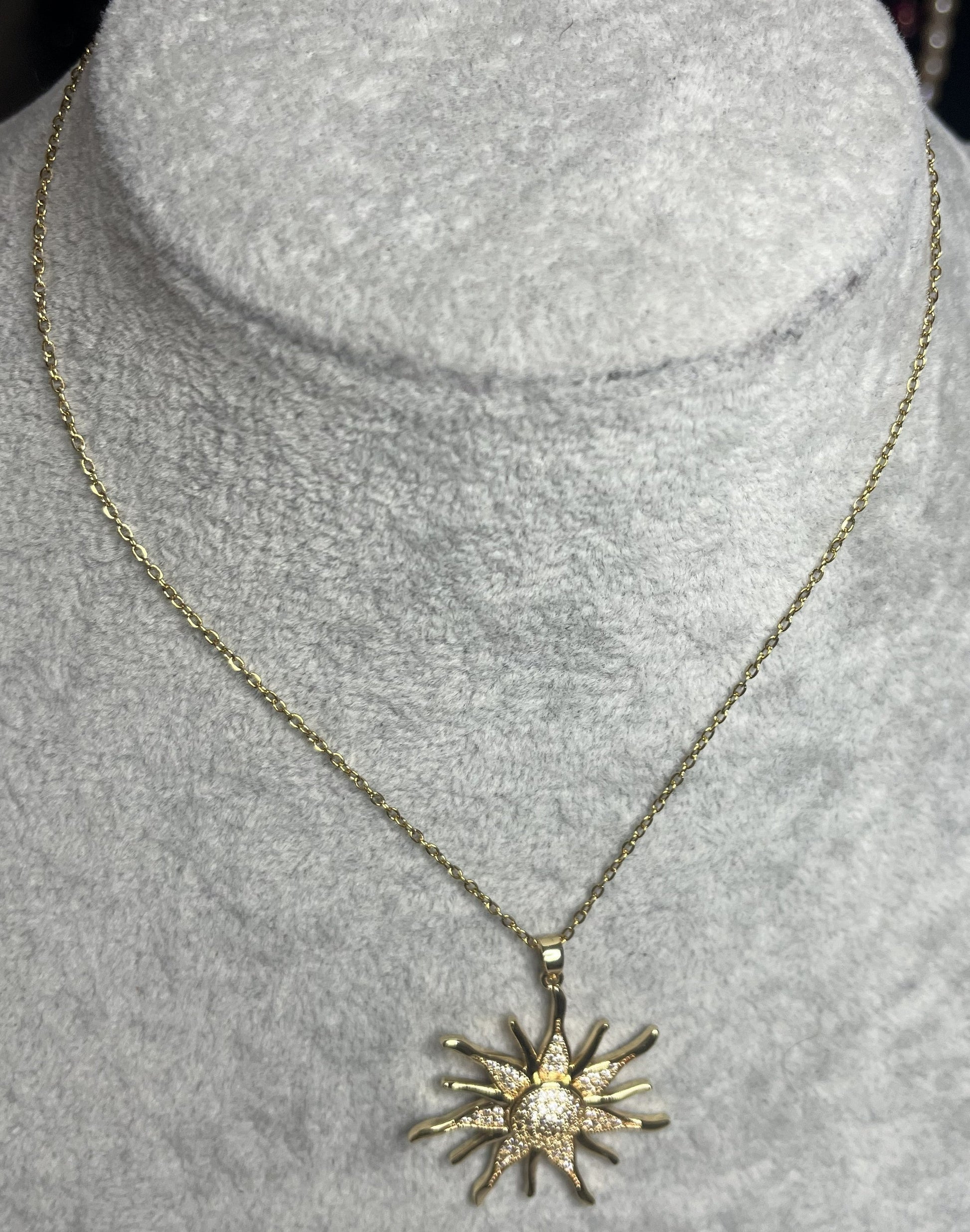 Collana Sole Splendente Acciaio Ottone Cristalli - Placcata Oro Argento
