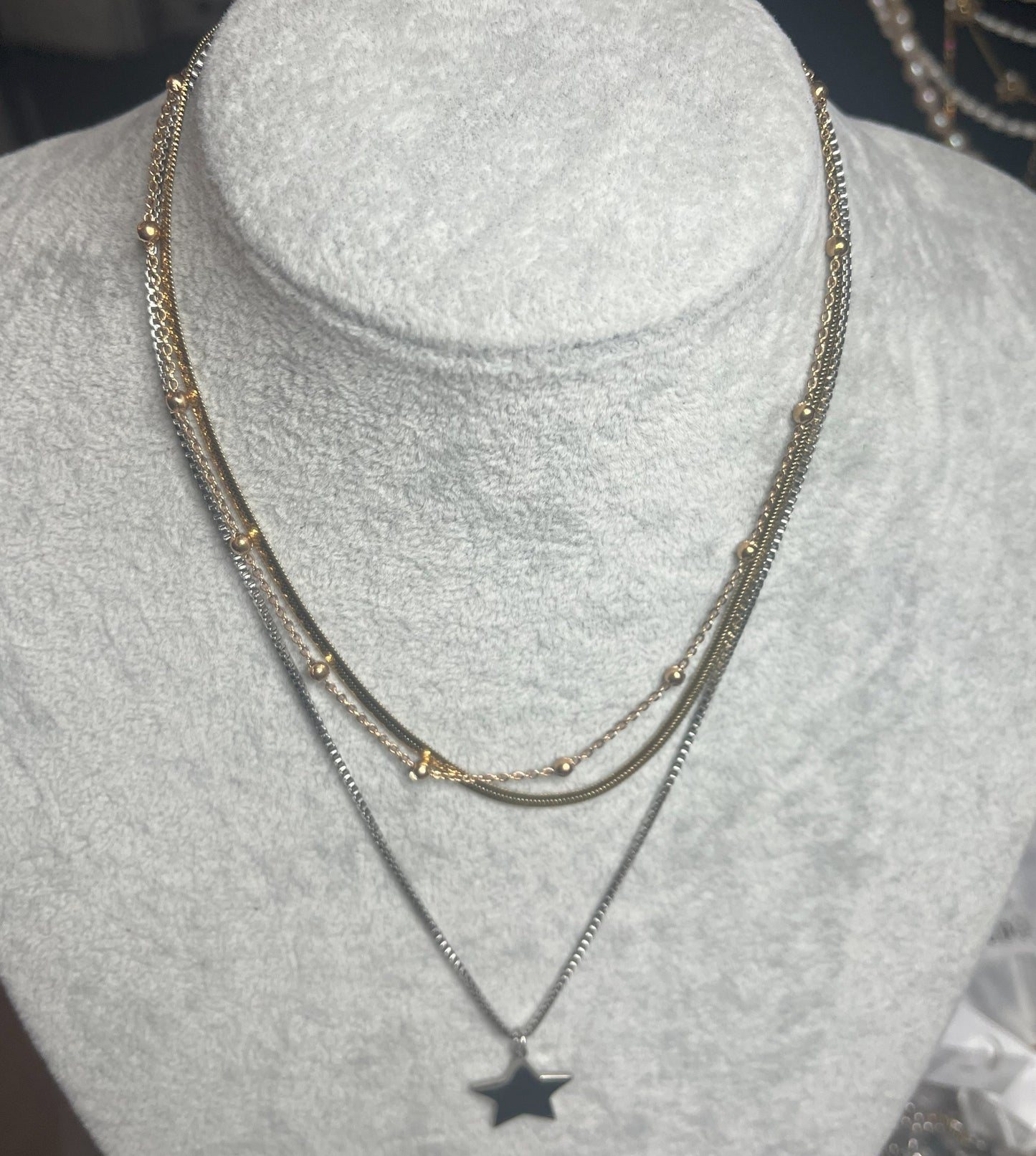 collana triplo giro con ciondolo stella argento, catene dorate, argentate e oro rosa, in acciaio inossidabile placcato