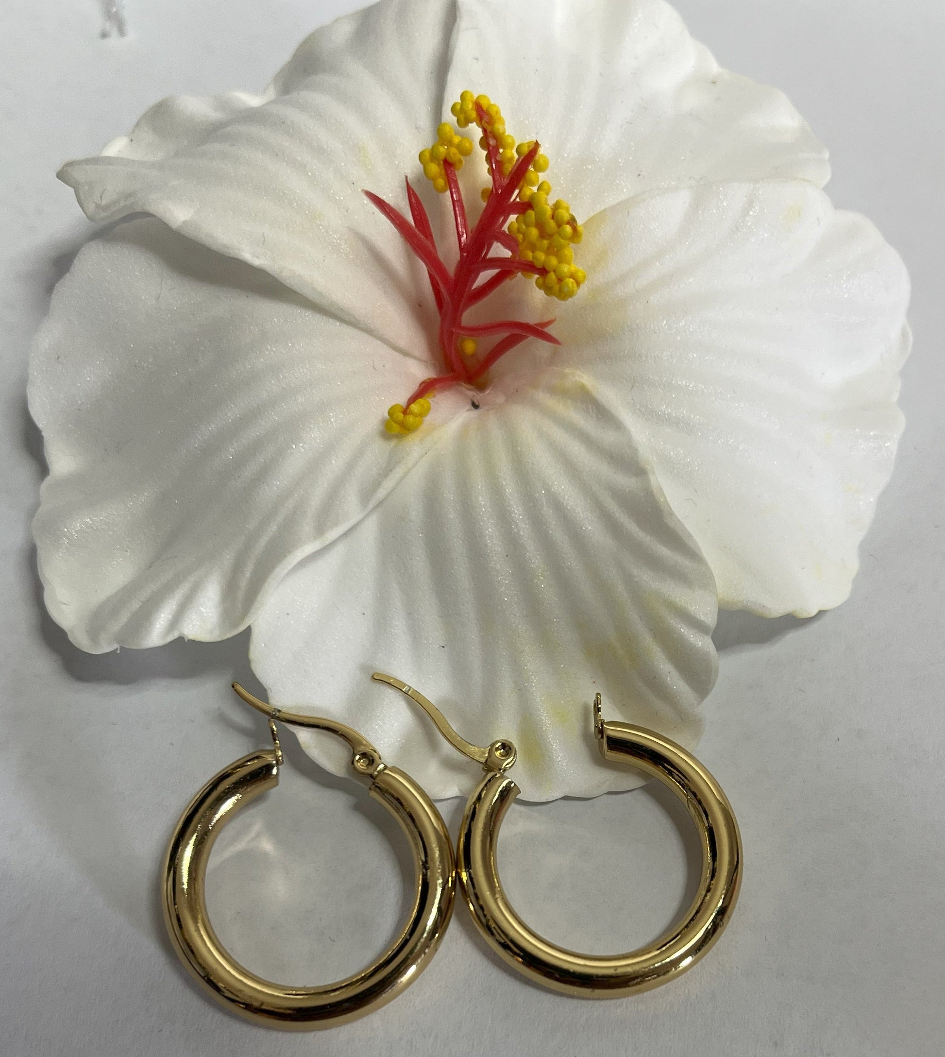 Orecchini creoli dorati placcati oro a forma di cerchio con finitura lucida su sfondo bianco
