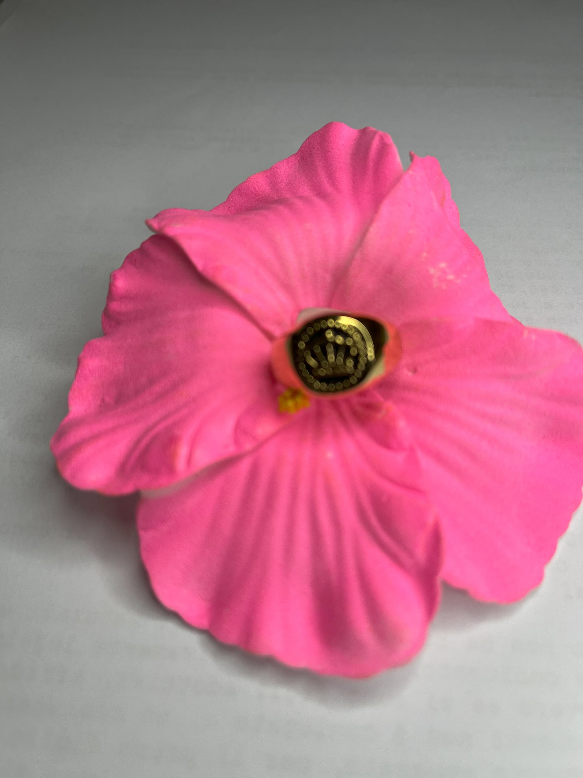 Anello Mignolo Regina in acciaio premium con design regale inciso, variante placcato oro, fotografato su superficie bianca con fiore rosa