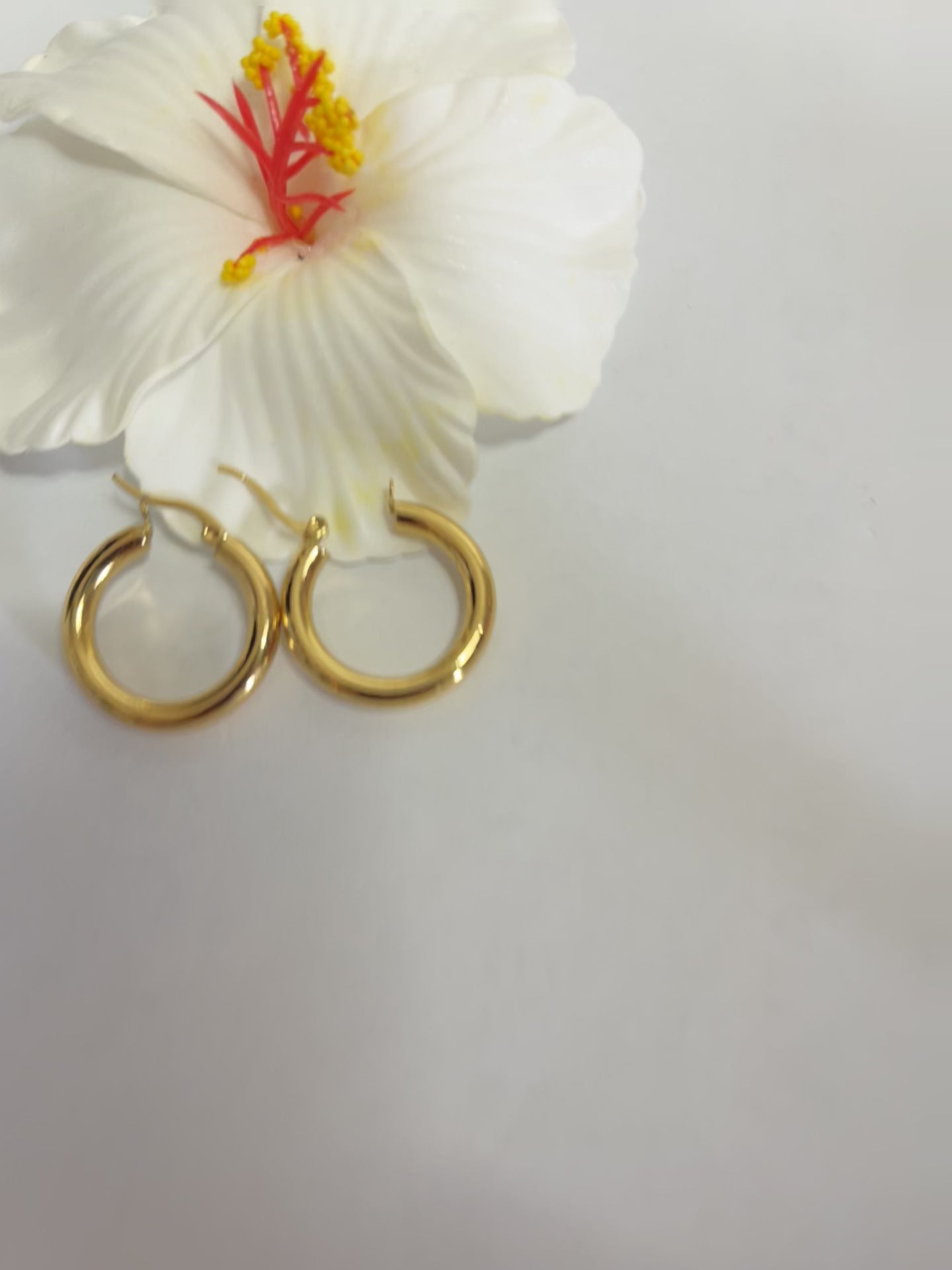 Orecchini creoli dorati placcati oro a forma di cerchio con finitura lucida su sfondo bianco