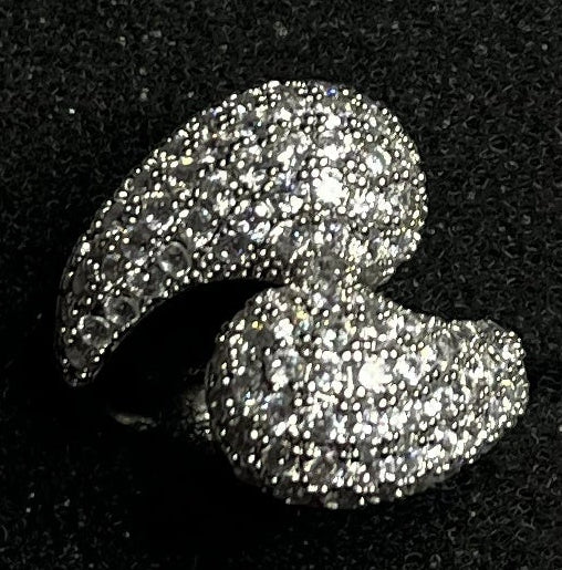 Anello Pavé Argento Doppia Foglia Zirconi Brillanti Aperto Regolabile
