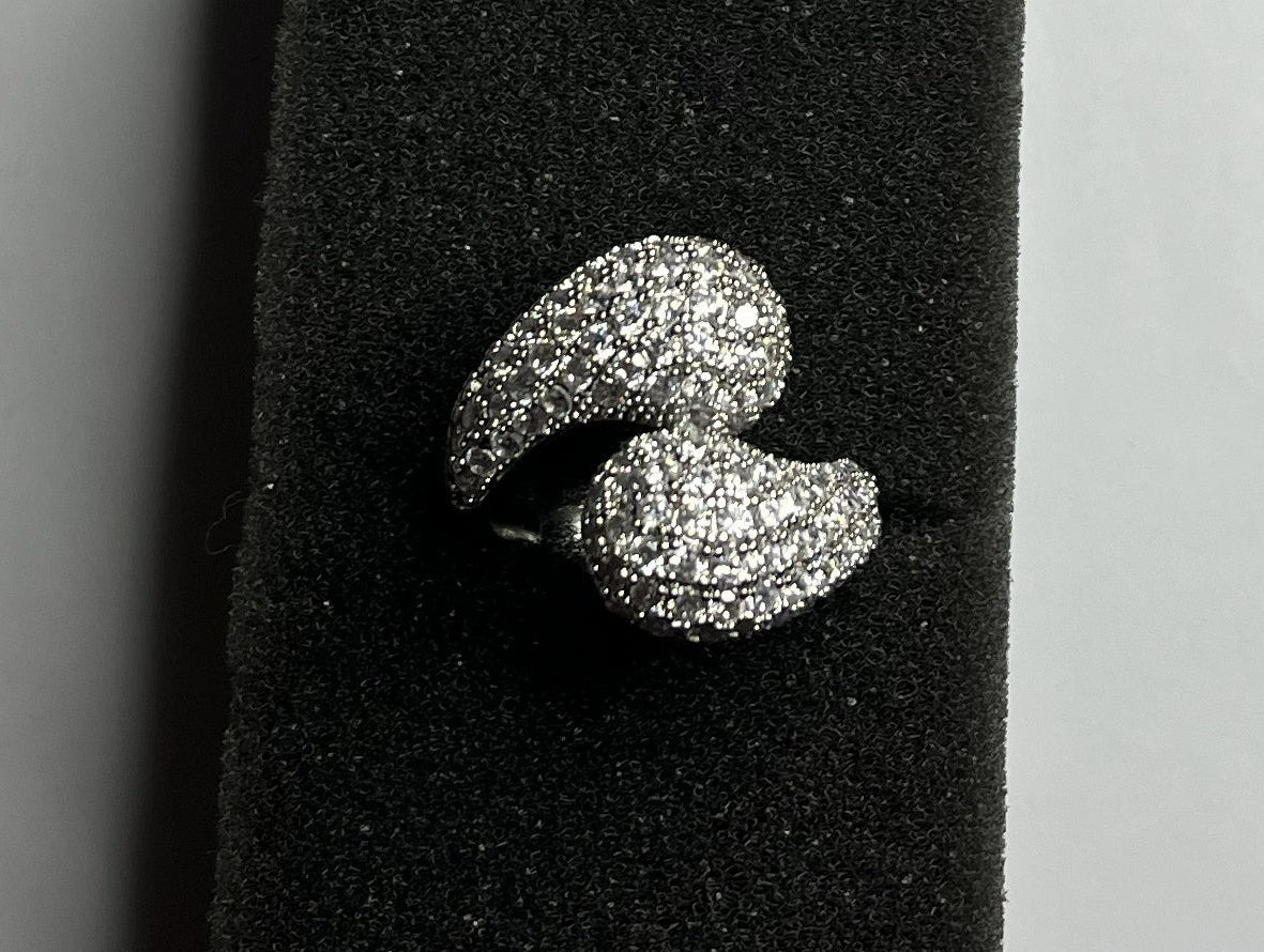 Anello Pavé Argento Doppia Foglia Zirconi Brillanti Aperto Regolabile
