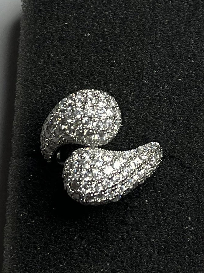 Anello Pavé Argento Doppia Foglia Zirconi Brillanti Aperto Regolabile
