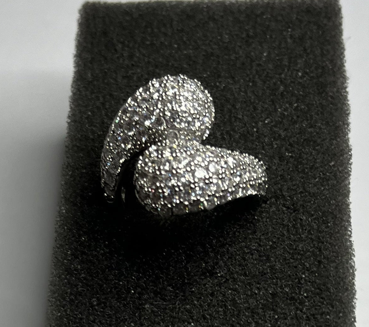 Anello Pavé Argento Doppia Foglia Zirconi Brillanti Aperto Regolabile