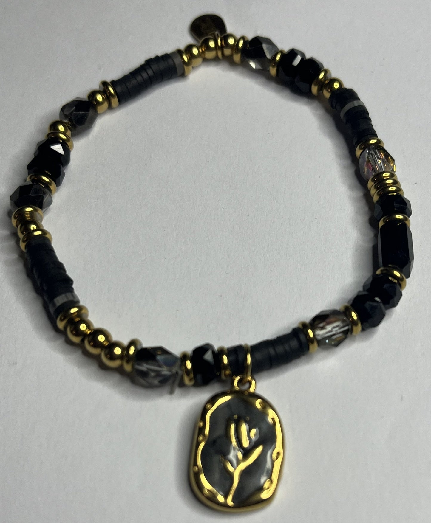 Braccialetto Acciaio Inossidabile Perle Nere Resina Cristalli Pendente Rosa Oro