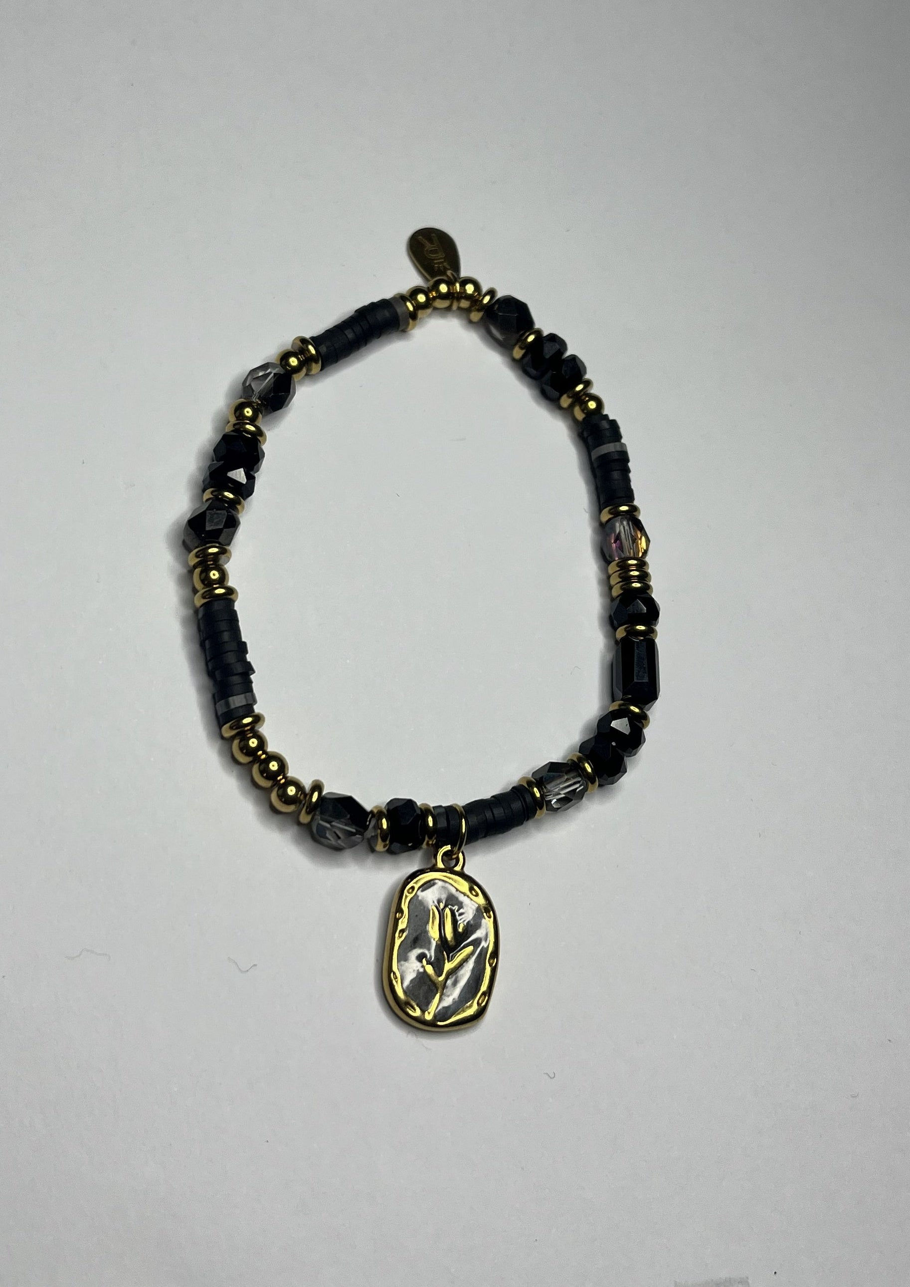 Braccialetto Acciaio Inossidabile Perle Nere Resina Cristalli Pendente Rosa Oro