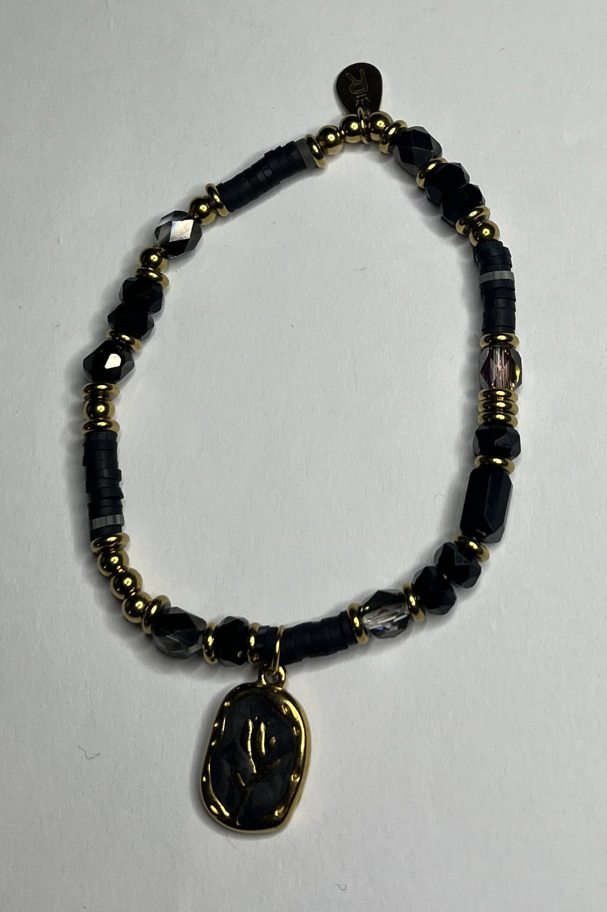 Braccialetto Acciaio Inossidabile Perle Nere Resina Cristalli Pendente Rosa Oro