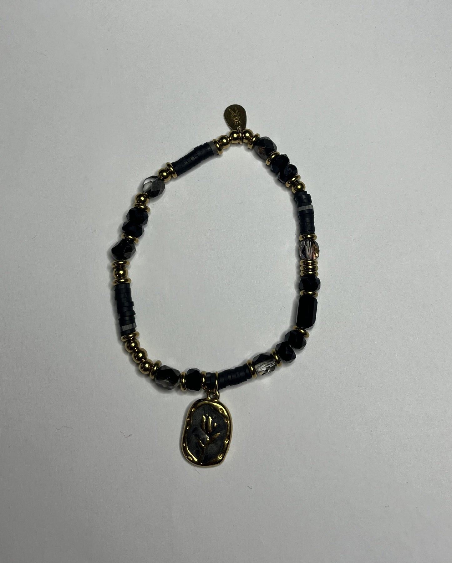 Braccialetto Acciaio Inossidabile Perle Nere Resina Cristalli Pendente Rosa Oro