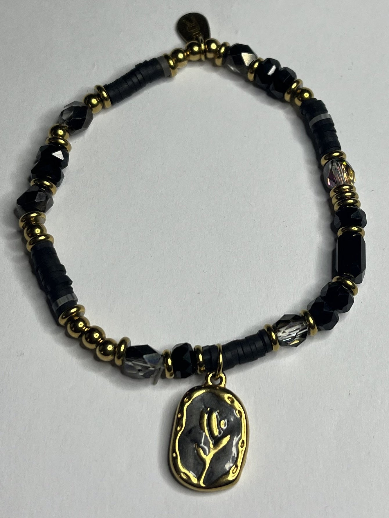 Braccialetto Acciaio Inossidabile Perle Nere Resina Cristalli Pendente Rosa Oro