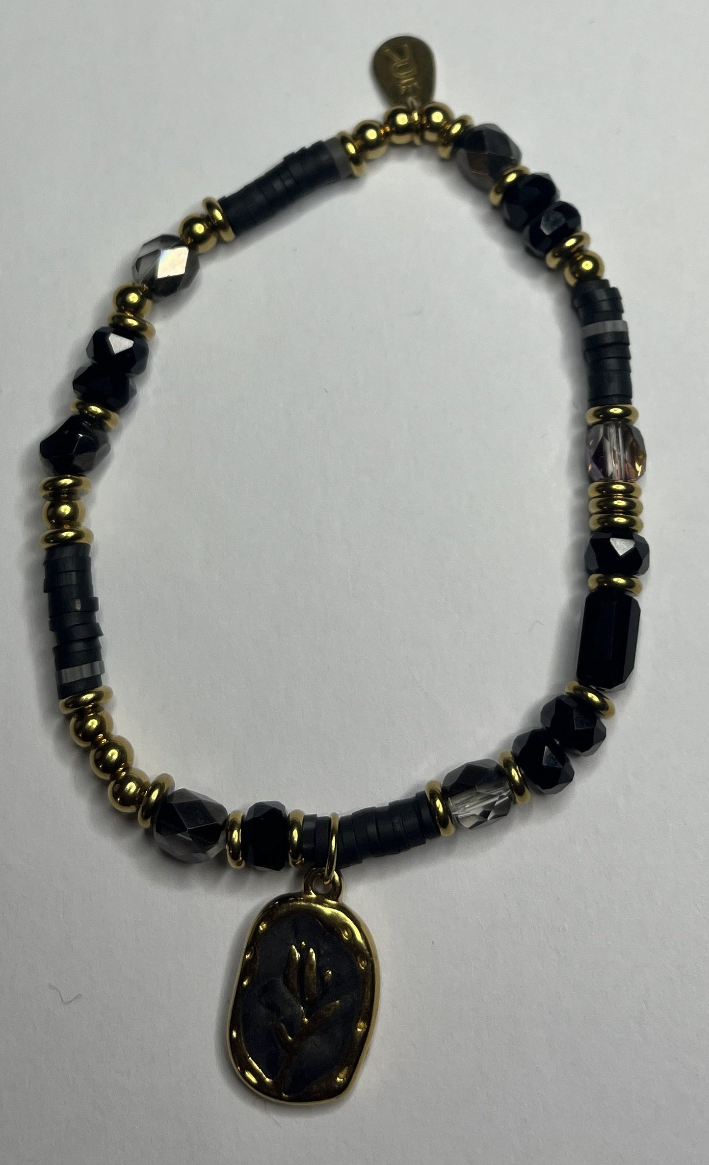 Braccialetto Acciaio Inossidabile Perle Nere Resina Cristalli Pendente Rosa Oro