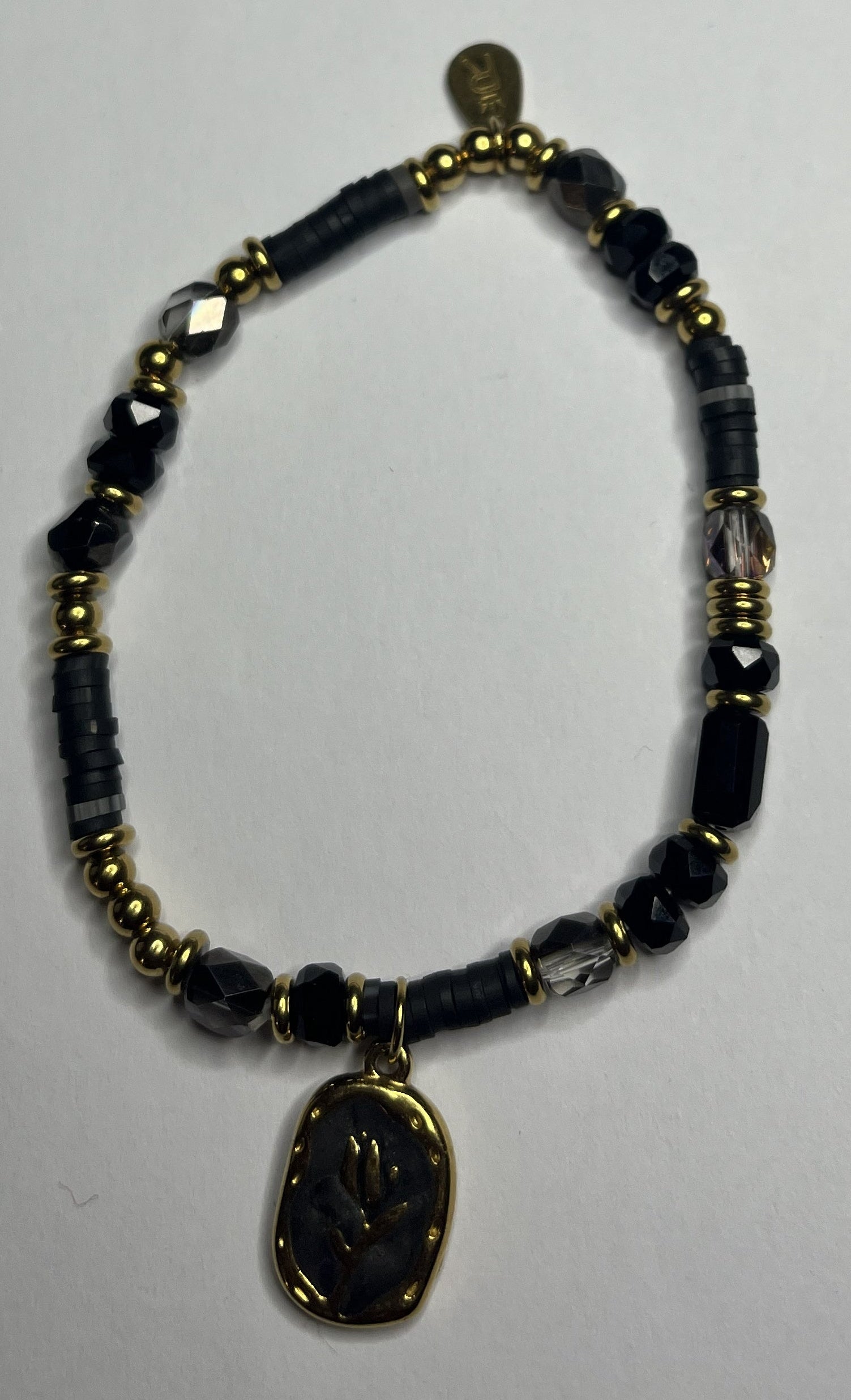 Braccialetto Acciaio Inossidabile Perle Nere Resina Cristalli Pendente Rosa Oro