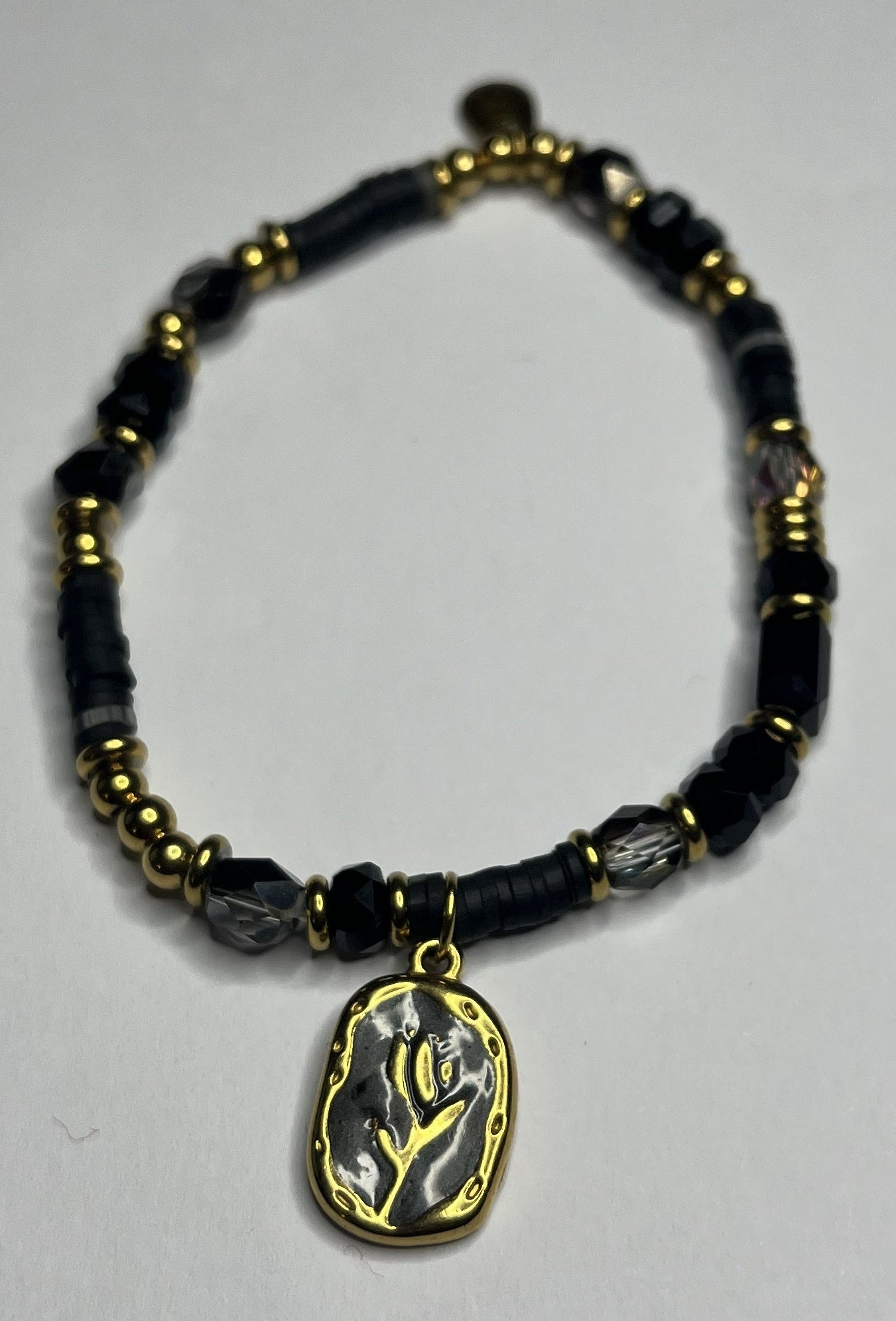 Braccialetto Acciaio Inossidabile Perle Nere Resina Cristalli Pendente Rosa Oro