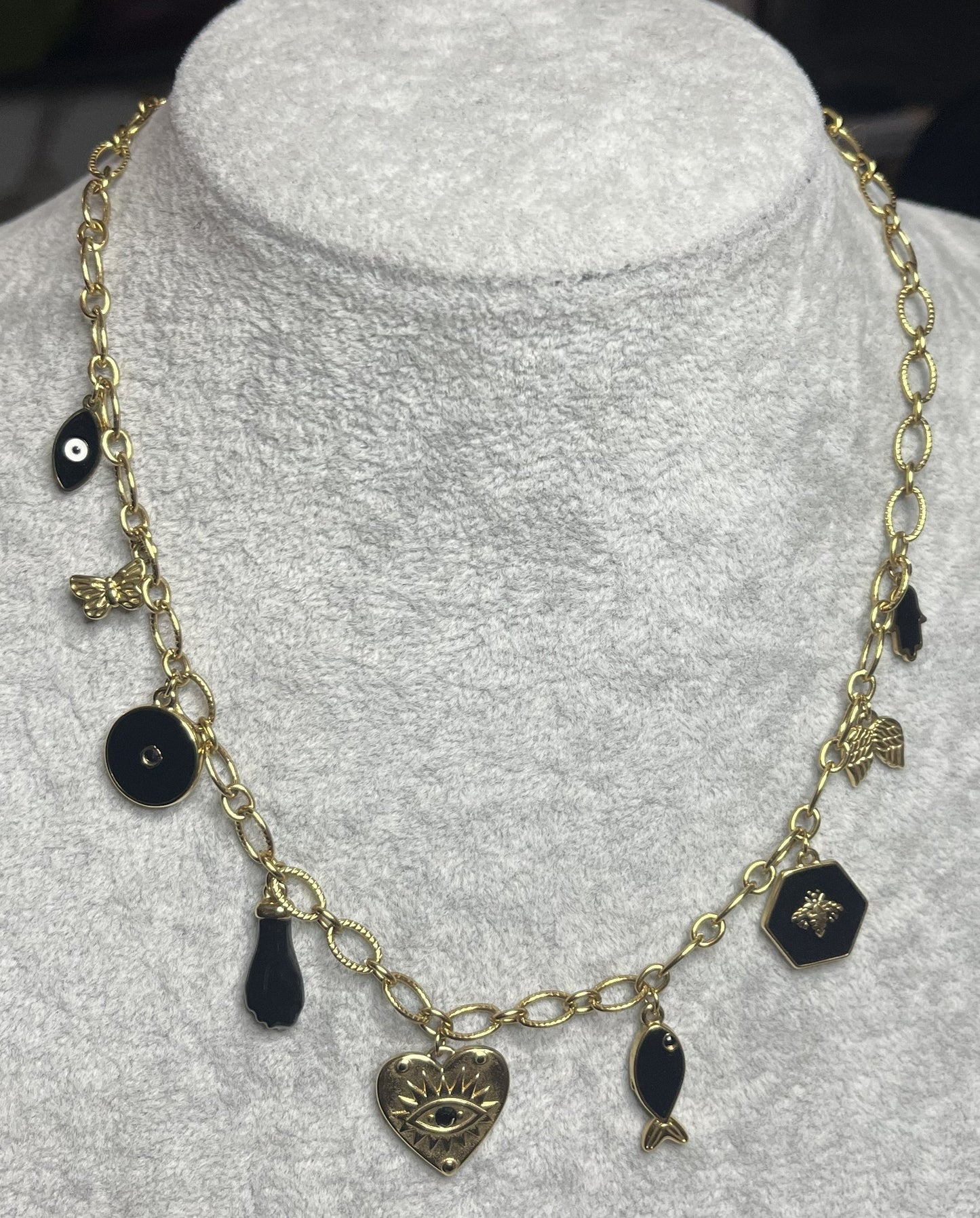 Collana Charm Misteriosi Placcato Oro con cuore occhio mistico, charm dorati