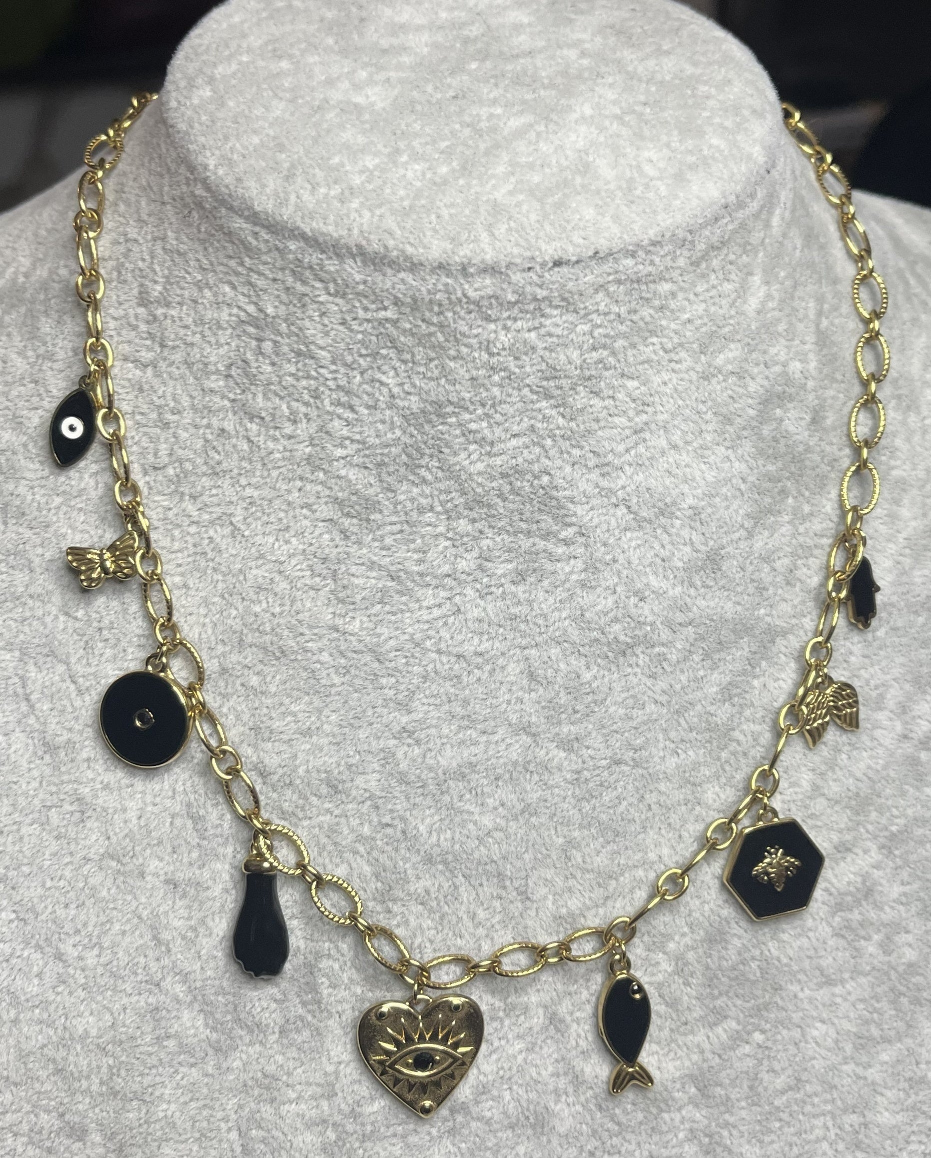 Collana Charm Misteriosi Placcato Oro con cuore occhio mistico, charm dorati
