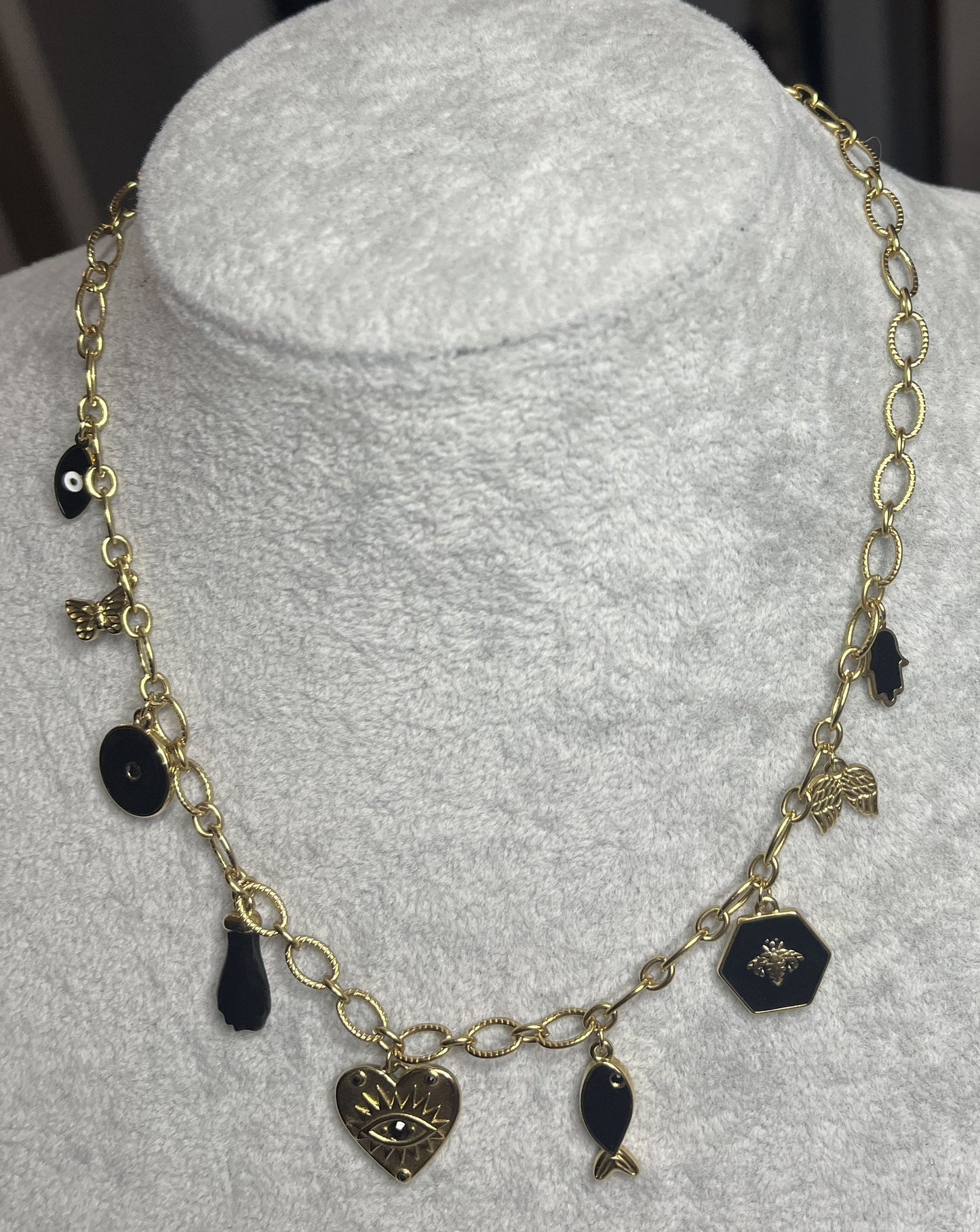 Collana Charm Misteriosi Placcato Oro con cuore occhio mistico, charm dorati