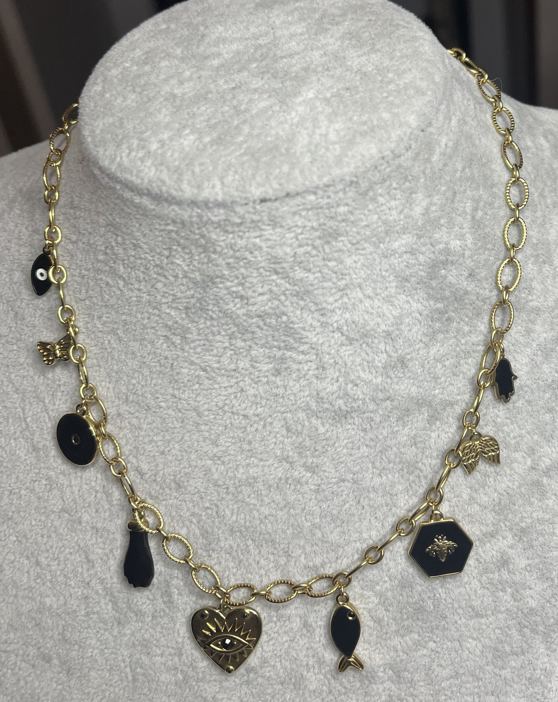 Collana Charm Misteriosi Placcato Oro con cuore occhio mistico, charm dorati