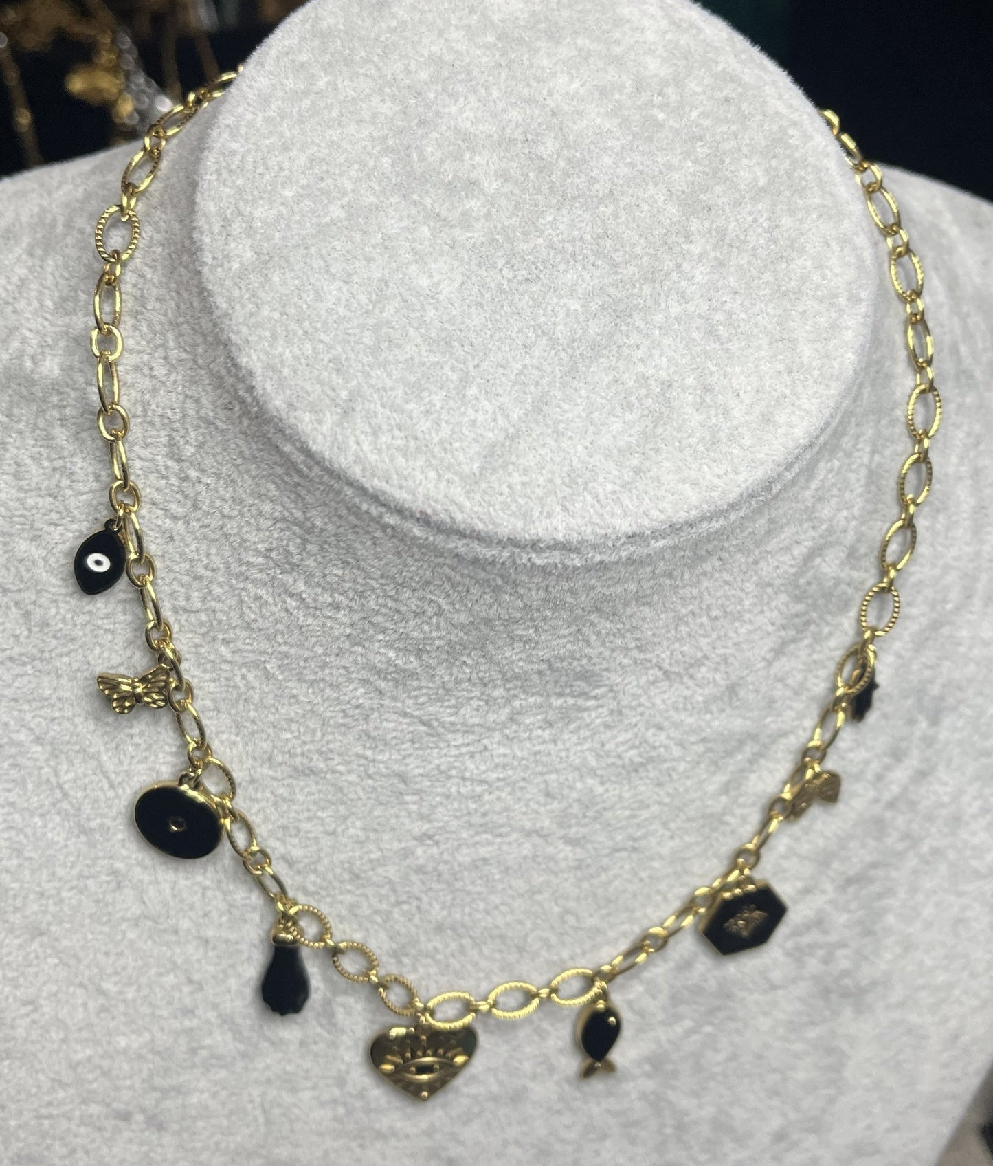 Collana Charm Misteriosi Placcato Oro con cuore occhio mistico, charm dorati