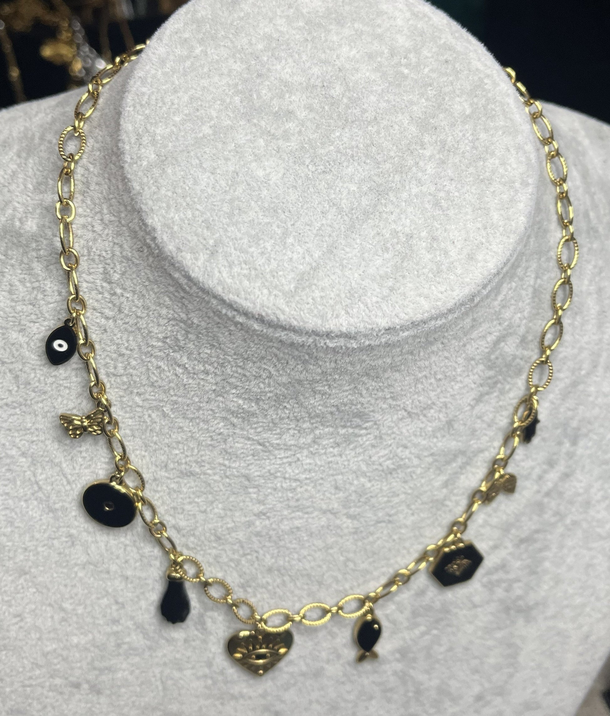 Collana Charm Misteriosi Placcato Oro con cuore occhio mistico, charm dorati
