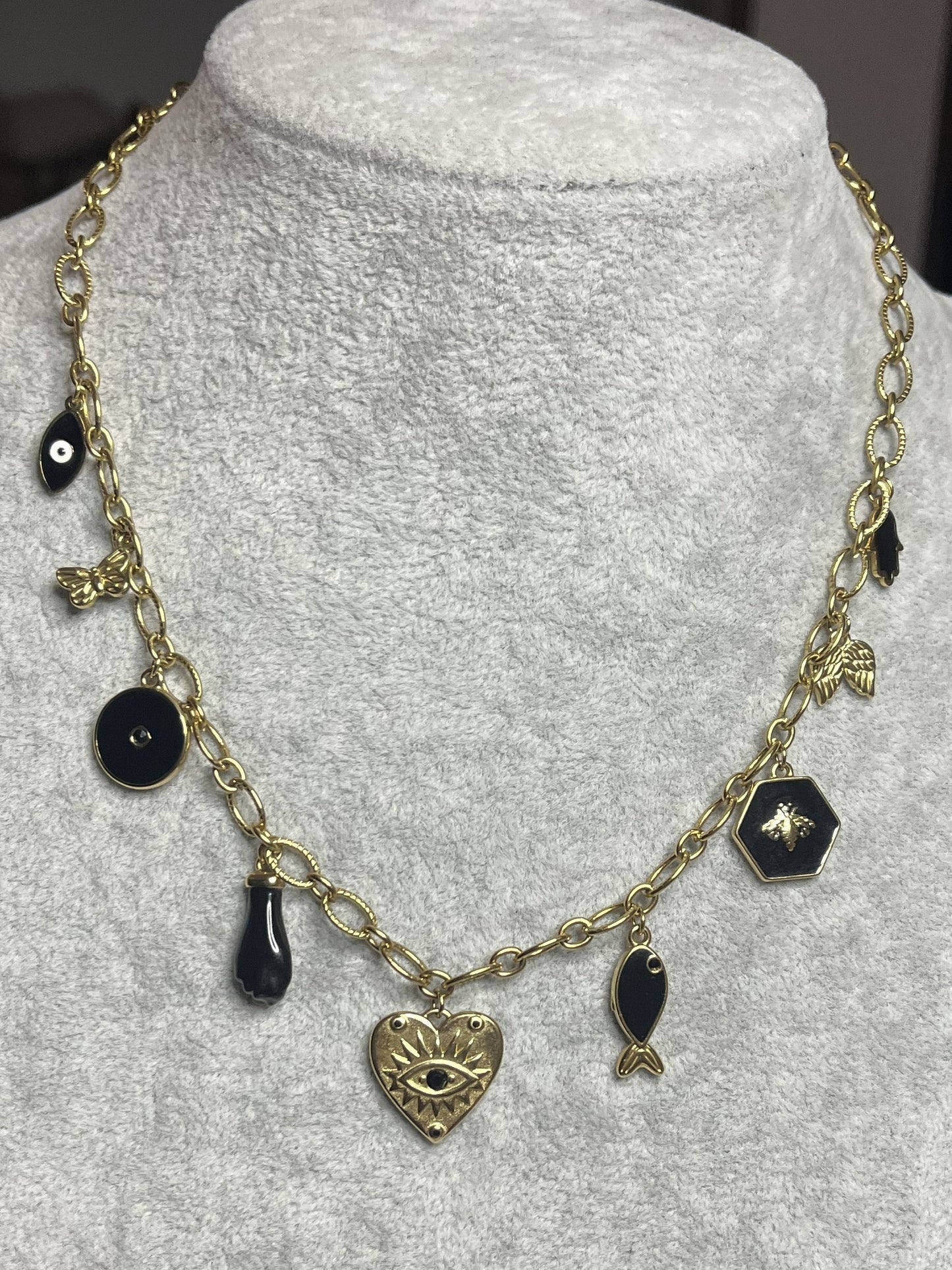 Collana Charm Misteriosi Placcato Oro con cuore occhio mistico, charm dorati