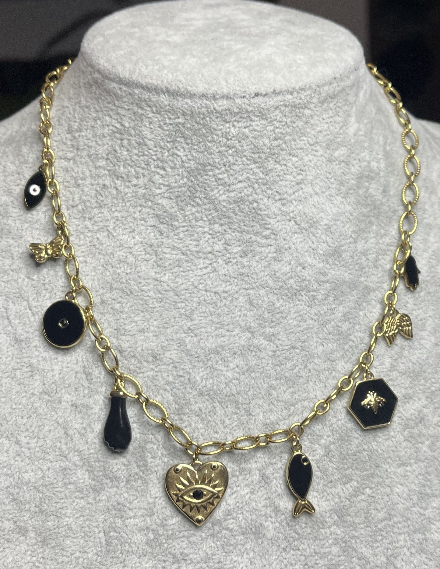 Collana Charm Misteriosi Placcato Oro con cuore occhio mistico, charm dorati