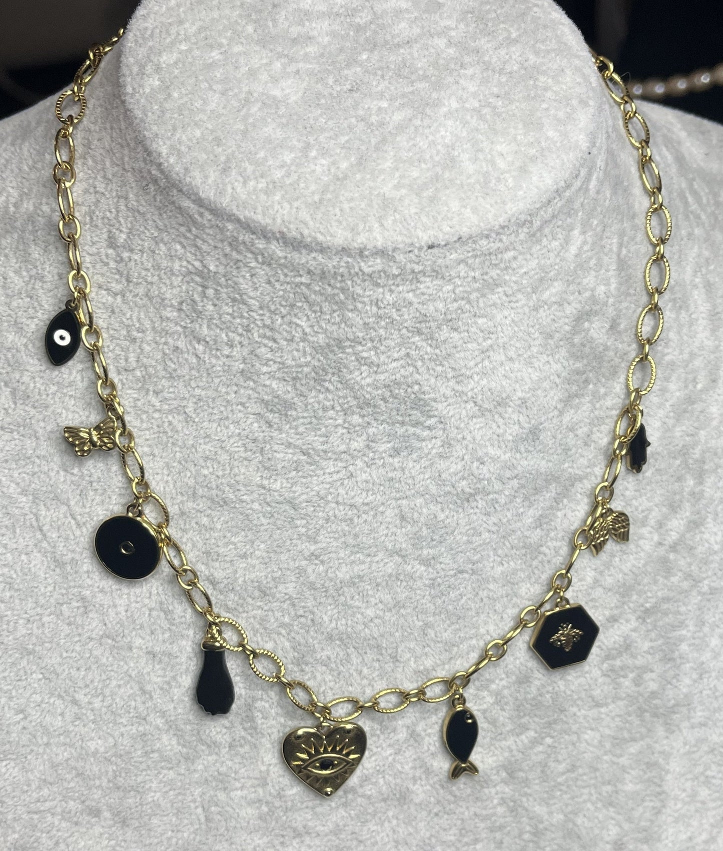 Collana Charm Misteriosi Placcato Oro con cuore occhio mistico, charm dorati