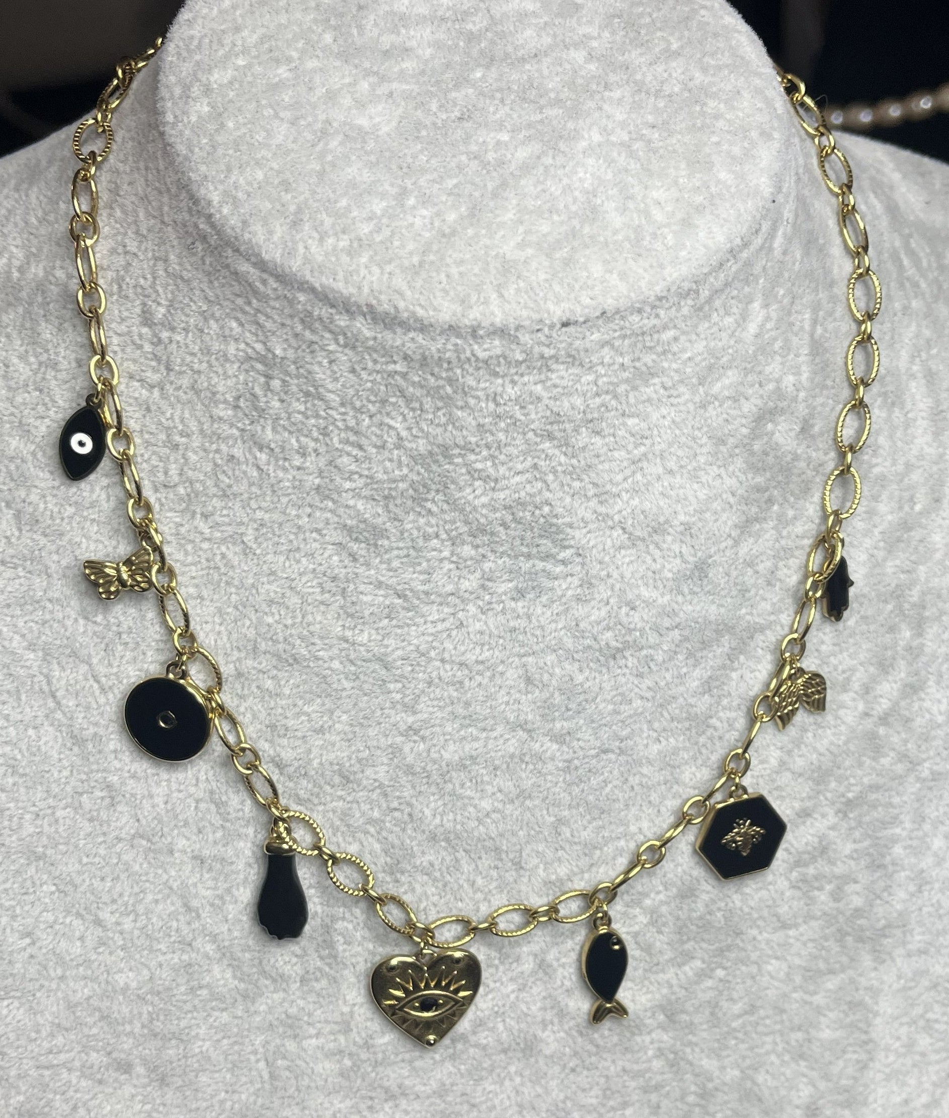 Collana Charm Misteriosi Placcato Oro con cuore occhio mistico, charm dorati