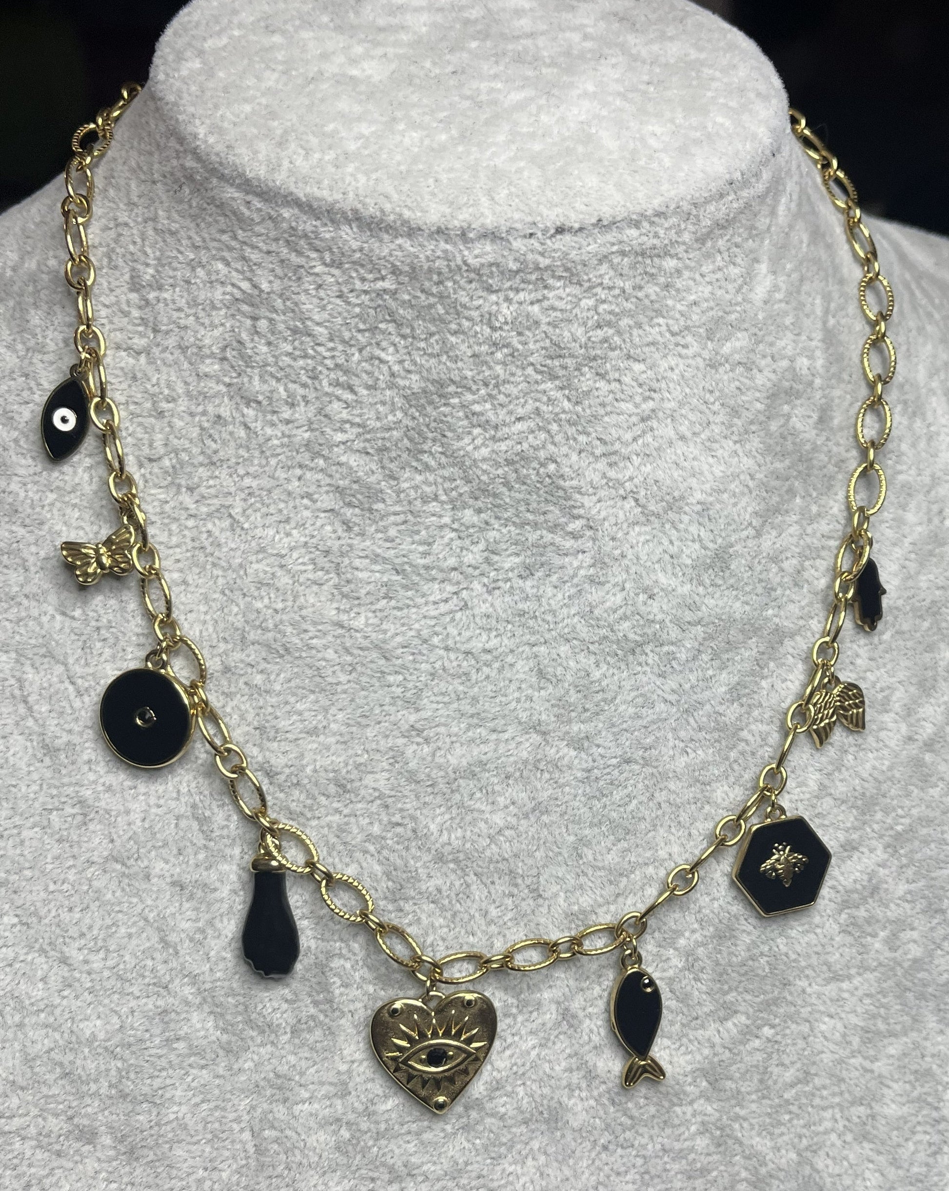 Collana Charm Misteriosi Placcato Oro con cuore occhio mistico, charm dorati