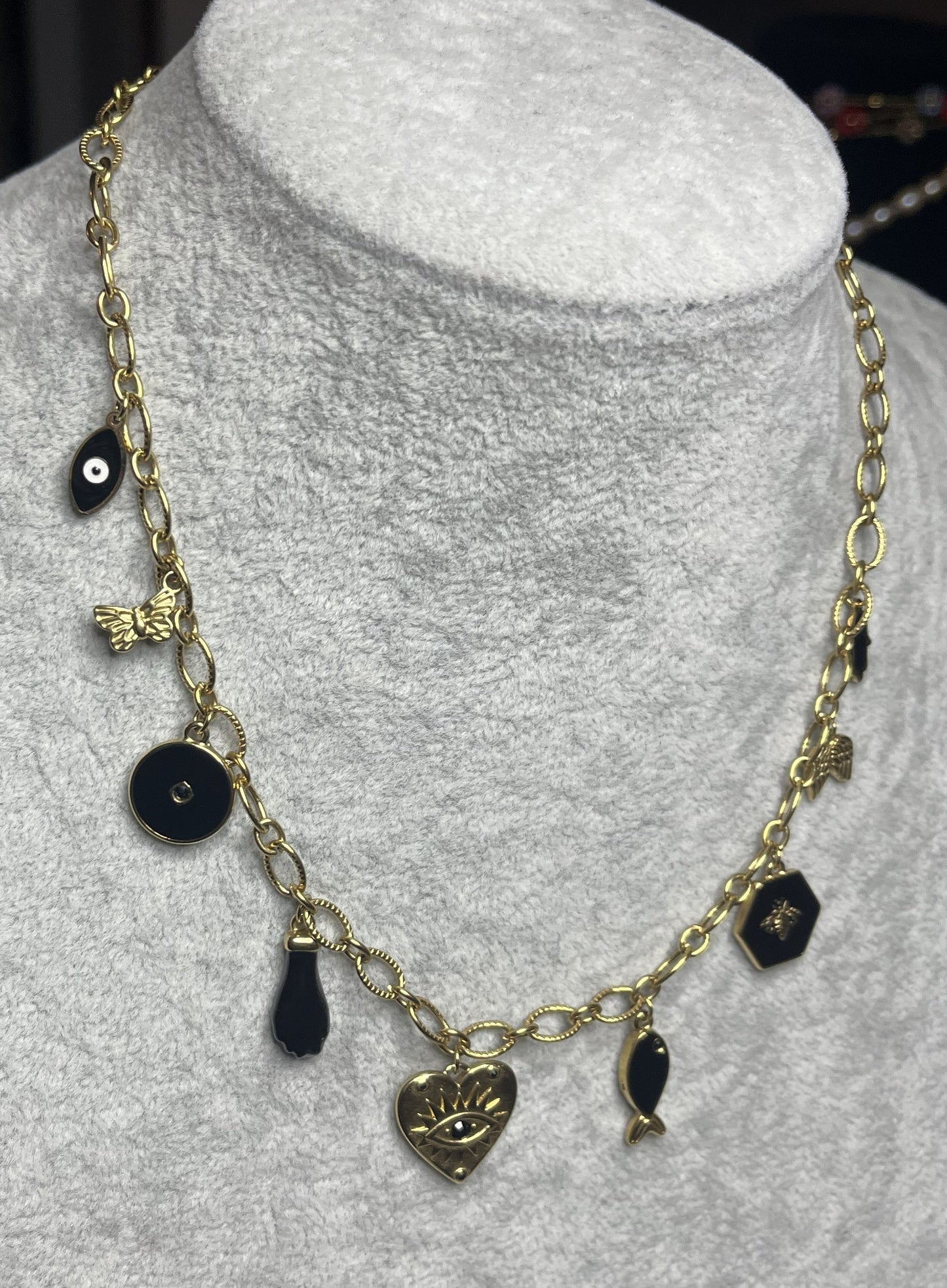 Collana Charm Misteriosi Placcato Oro con cuore occhio mistico, charm dorati