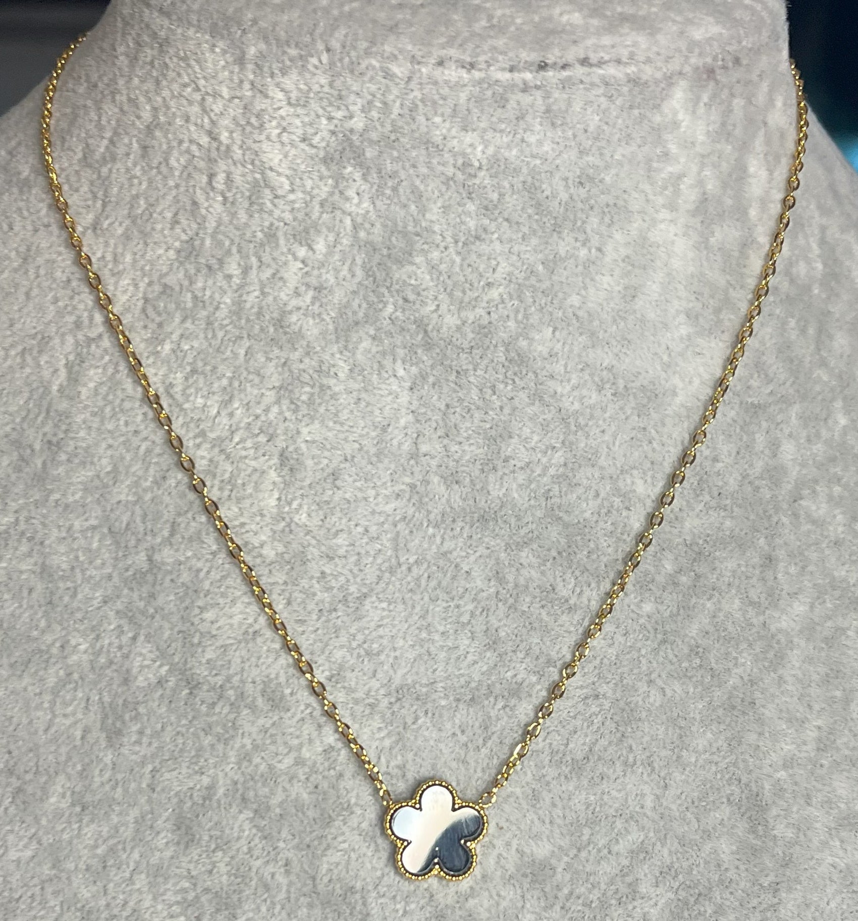 Collana ciondolo stella nero e catena dorata su busto espositore