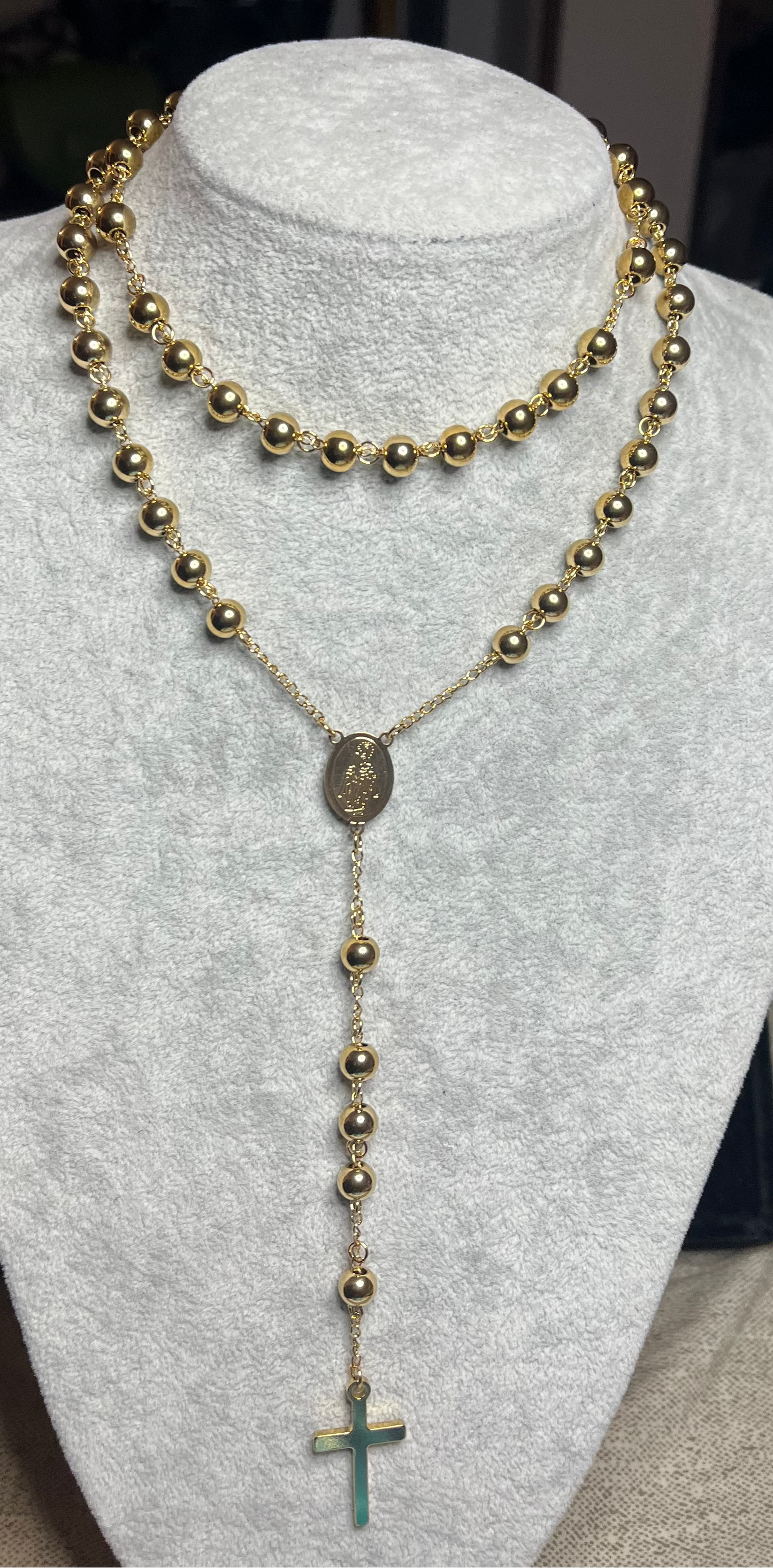 Collana Rosario Acciaio Inossidabile Perle Dorate Medaglia Sacra Croce Oro