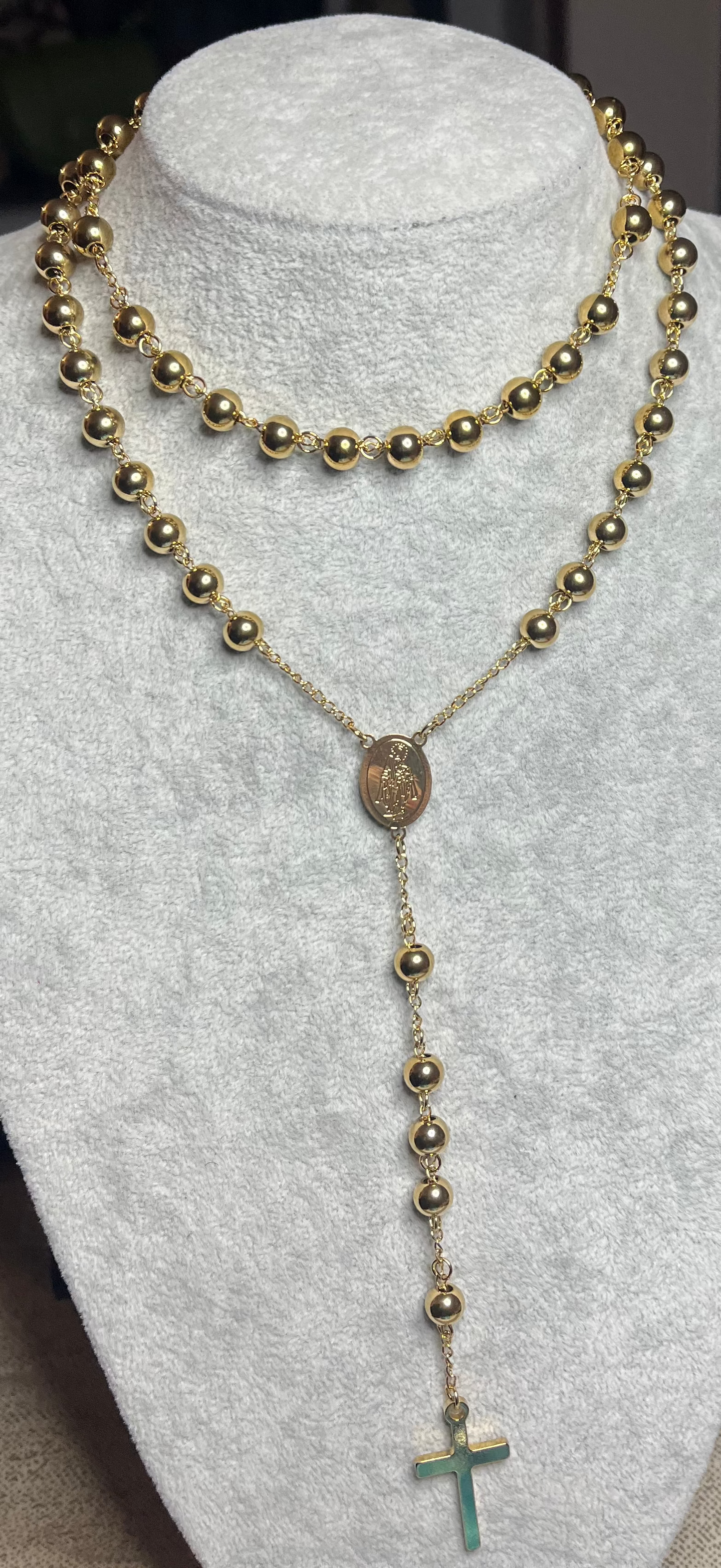 Collana Rosario Acciaio Inossidabile Perle Dorate Medaglia Sacra Croce Oro