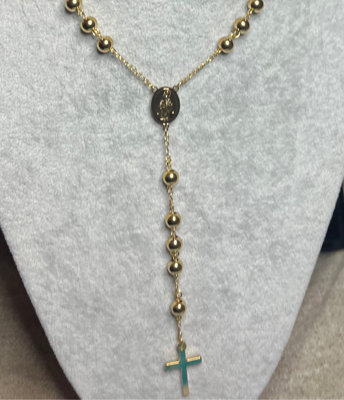 Collana Rosario Acciaio Inossidabile Perle Dorate Medaglia Sacra Croce Oro