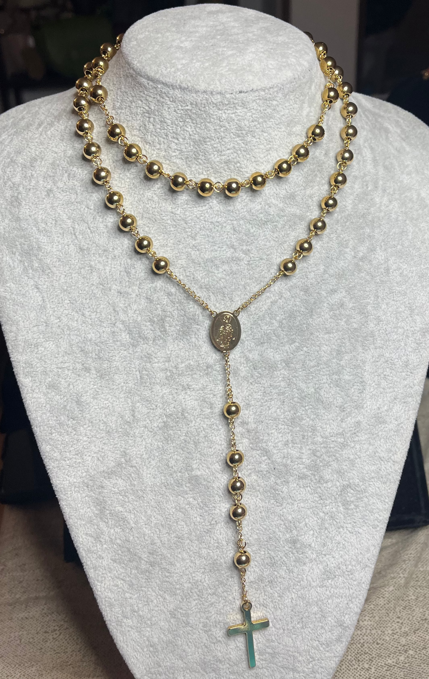 Collana Rosario Acciaio Inossidabile Perle Dorate Medaglia Sacra Croce Oro