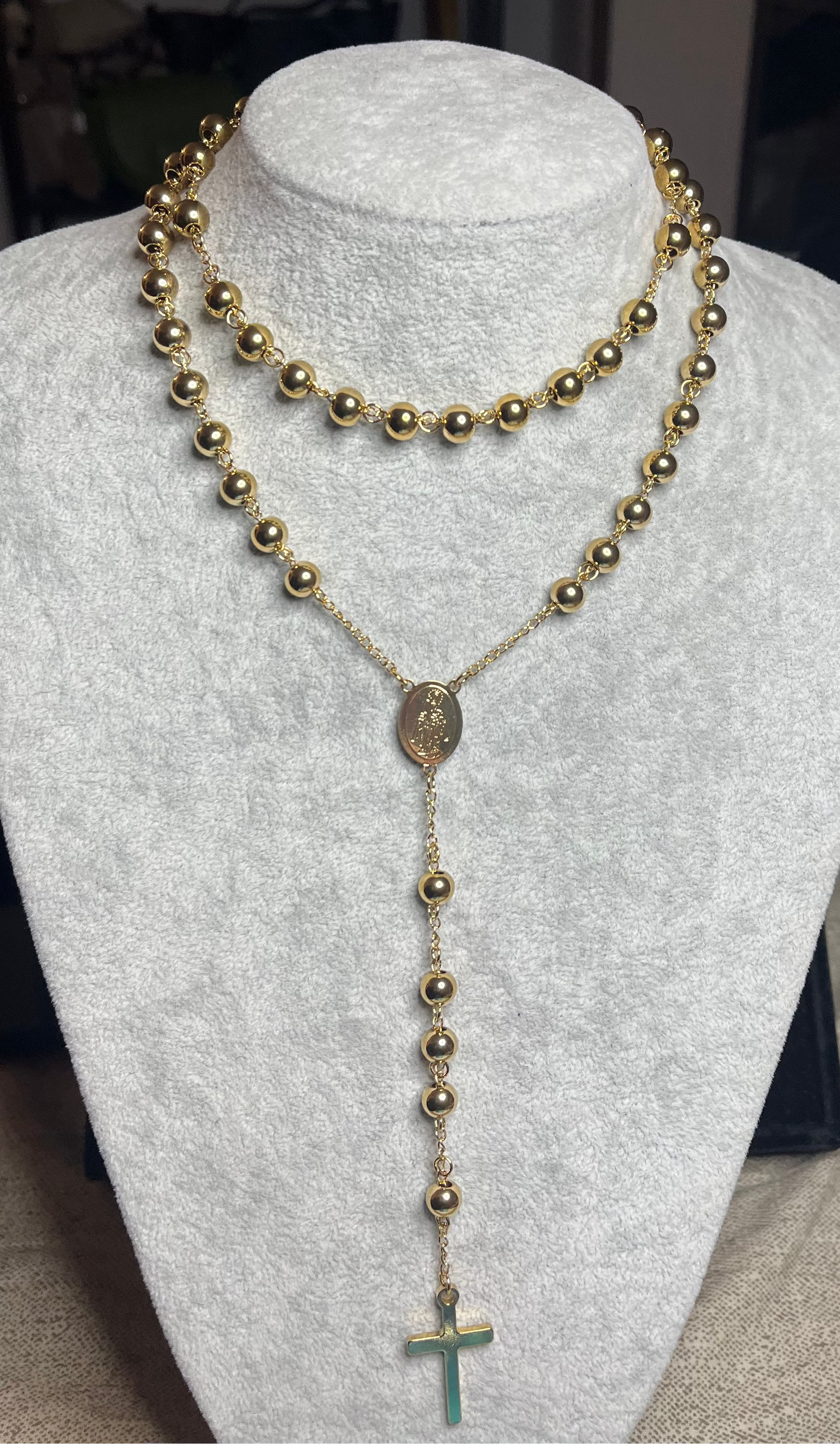 Collana Rosario Acciaio Inossidabile Perle Dorate Medaglia Sacra Croce Oro