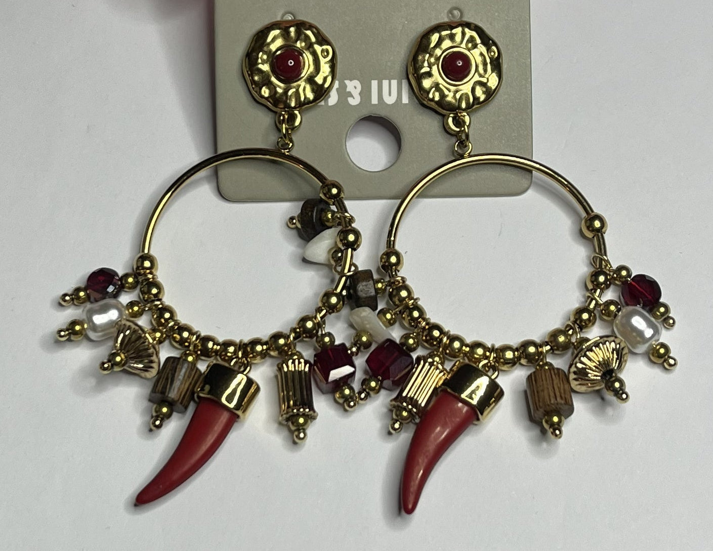 Orecchini cerchio placcato oro con cornetto rosso portafortuna