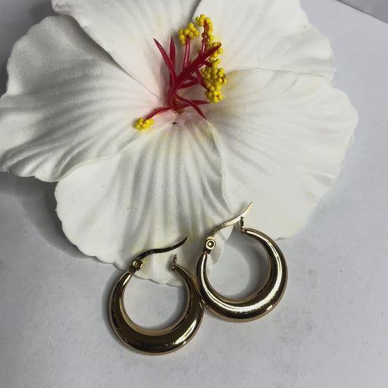 Set di orecchini creoli placcati, due paia in oro e argento, disposti su sfondo neutro con fiore rosso decorativo